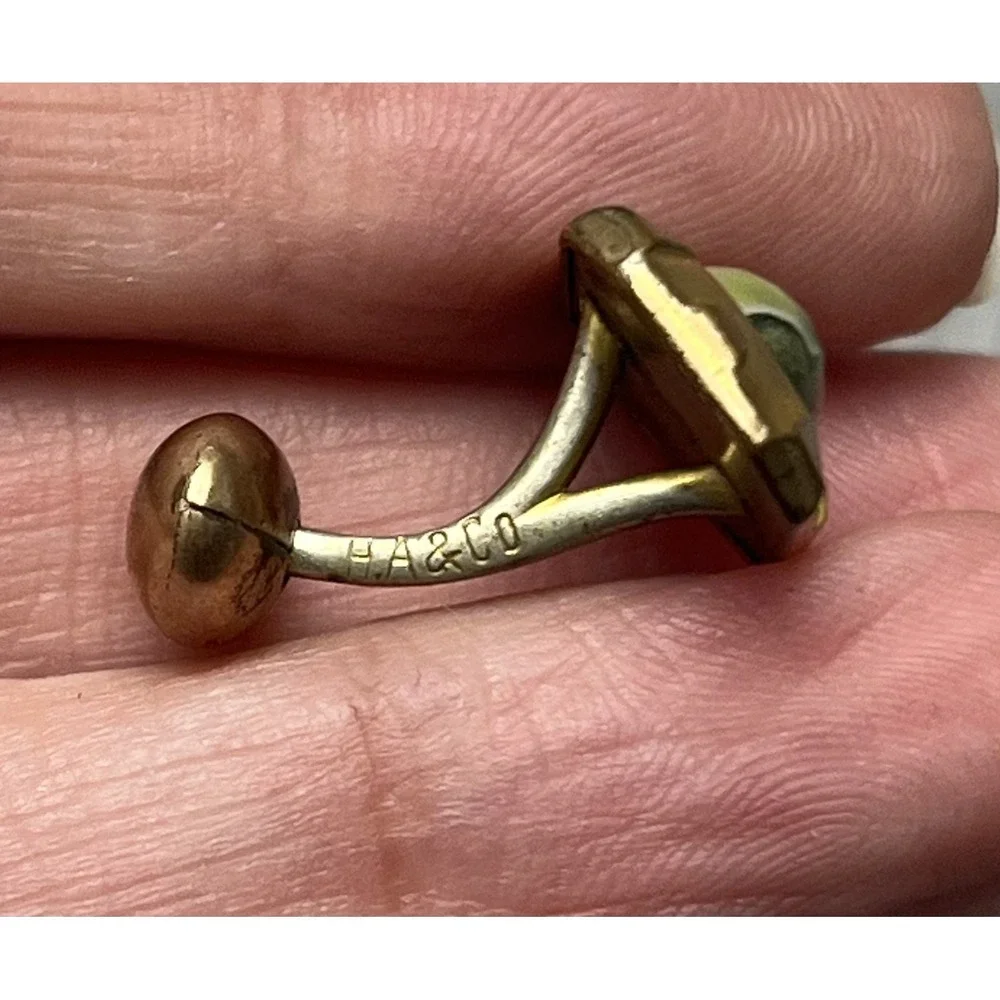 Antique HA & CO Gold Tone Green Stone Cufflinks Men's Vintage Jewelry
